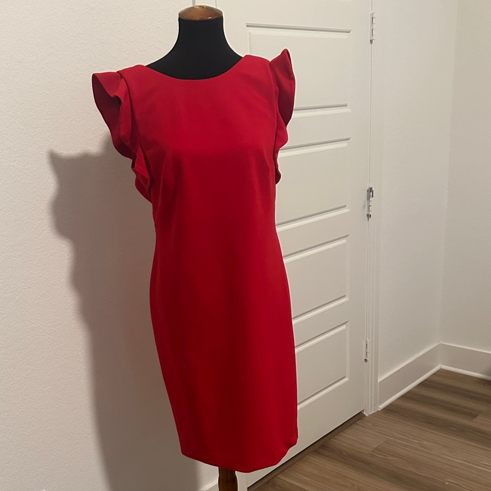 Calvin Klein Collection Red Mini Dress with Ruffle Sleeves